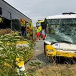 Дві пошкоджені рейсові автобуси після зіткнення біля Олексовіце в Чехії, 18 липня 2026 року. Видно автобус №109 з розбитим лобовим склом.