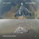 Чорний трикутний дрон у польоті з ефектом обертання на двох кадрах