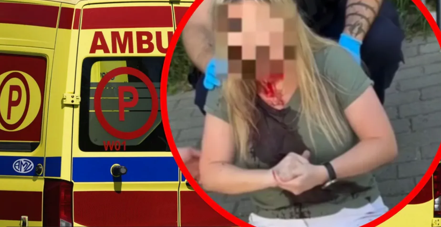 Пікселізована жінка з кров’ю на обличчі біля машини швидкої допомоги
